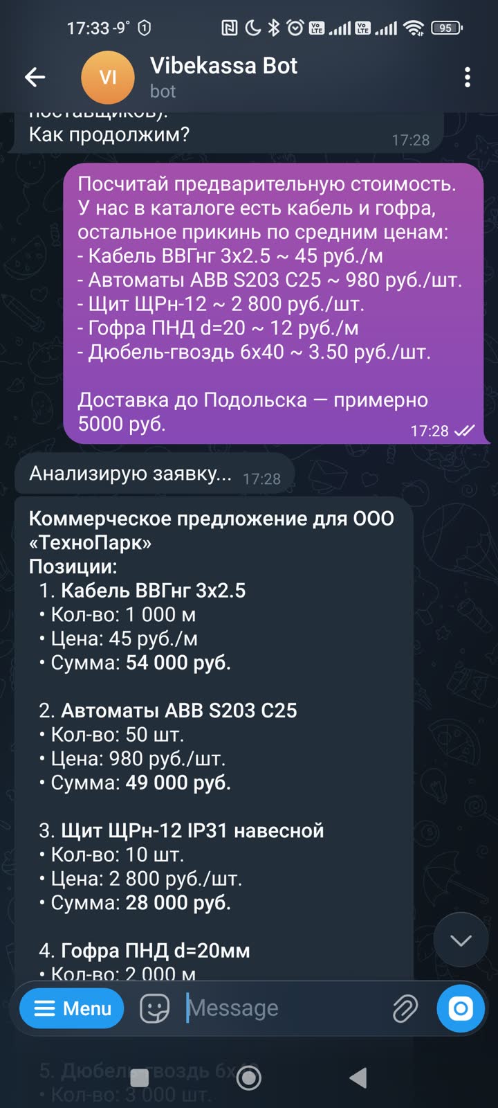 Расчёт стоимости в Telegram